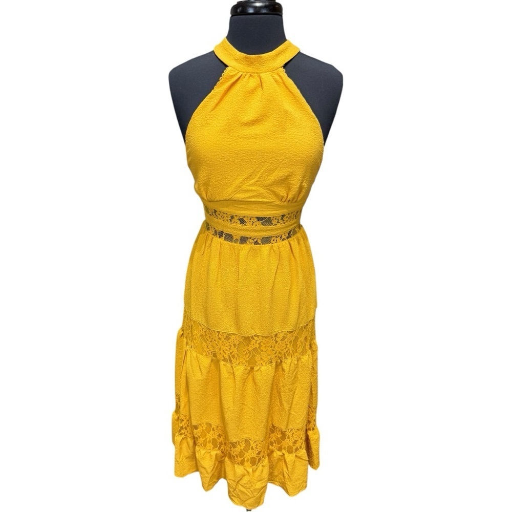 Lulus Marigold Lace Tiered Halter Midi Dress Size Small - Picture 2 of 9